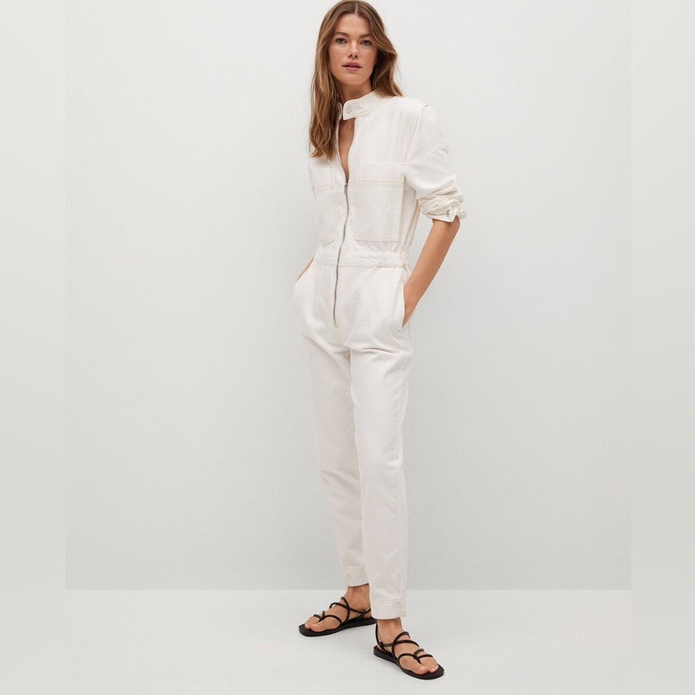 Long sleeve denim straight leg white jumpsuit with center zipper